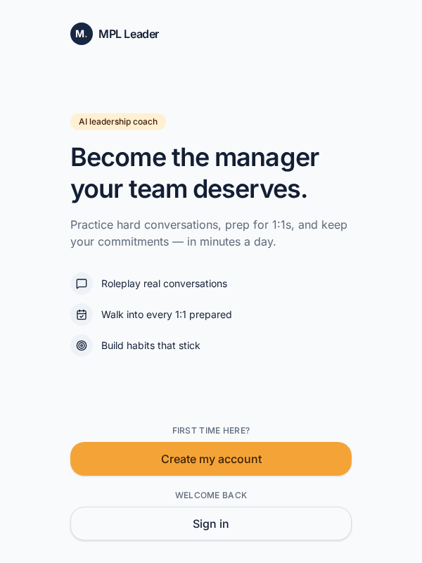 MPL Leader welcome screen with Create my account and Sign in options