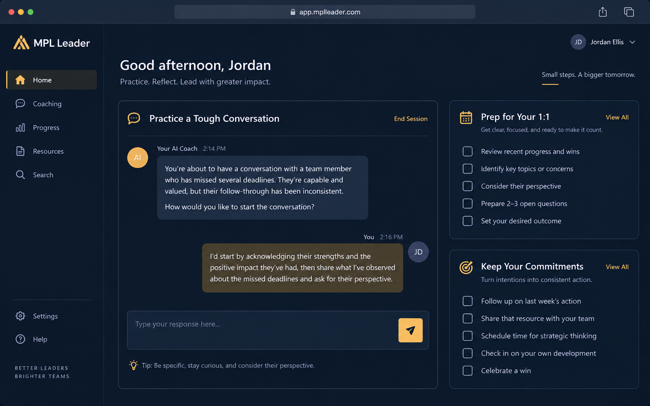 MPL Leader app dashboard — practicing a tough conversation with an AI coach